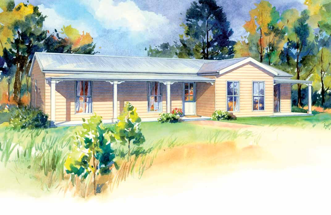 Watercolour render of a verandah home in a rural setting