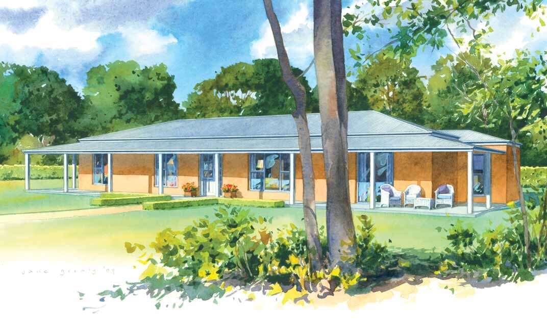 Watercolour render of a verandah home under gum trees